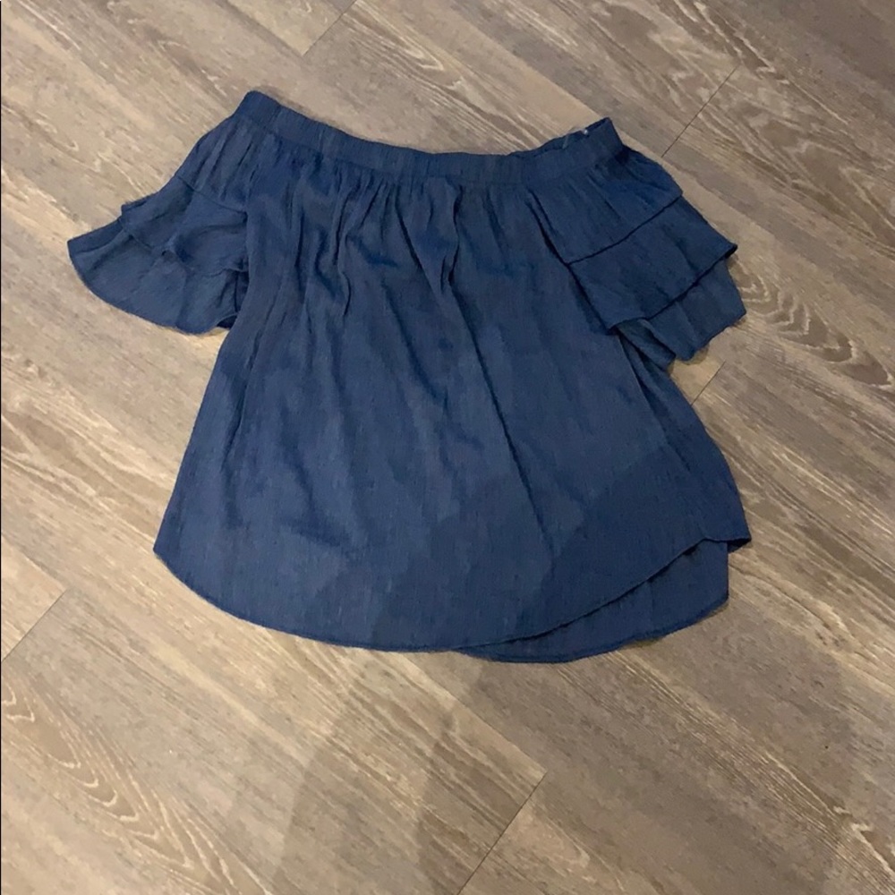 Off the shoulder blue jean colored shirt